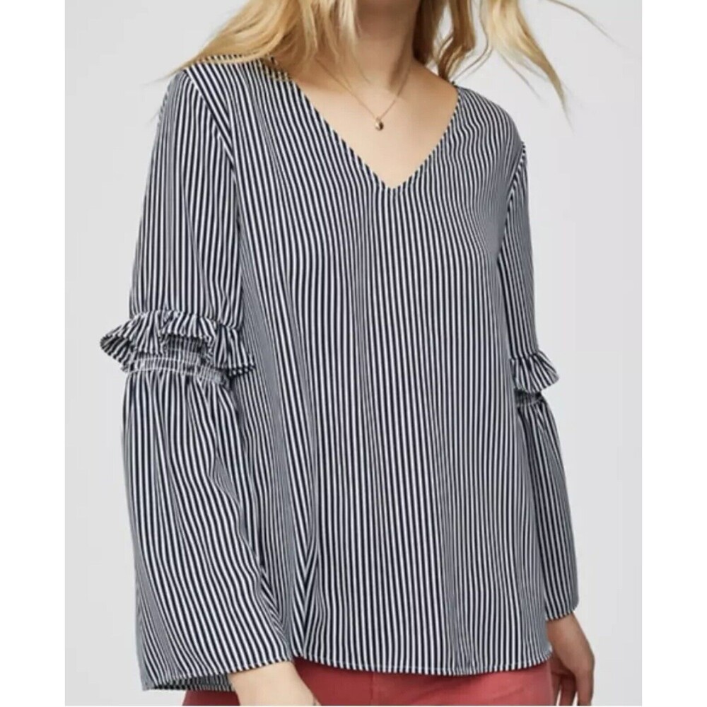 Loft Women’s Size Medium Navy Blue & White Striped Bell Sleeve Top